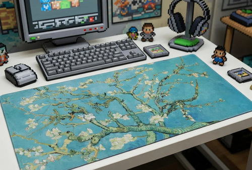 Retro gaming desk setup with 8-bit keyboard, mouse, headset and floral blossom desk mat