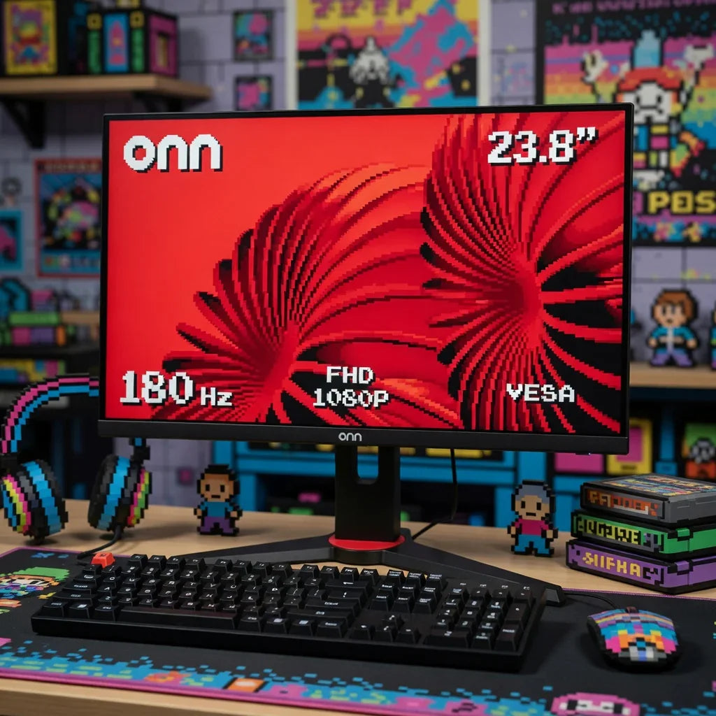Retro gaming desk setup with 23.8-inch Onn monitor, RGB keyboard, mouse, headset