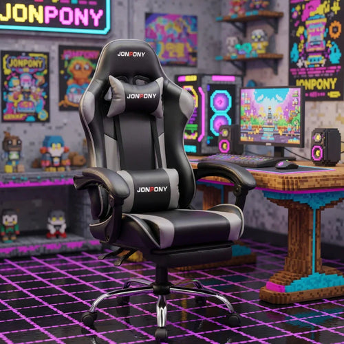 Ergonomic black gaming chair in a retro 8-bit themed gaming room with neon decor