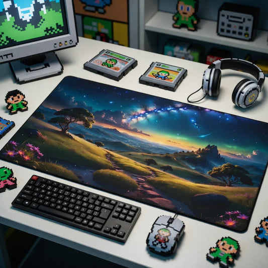 Retro gaming desk setup with pixel art accessories, RGB keyboard, mouse, headset, and scenic desk mat