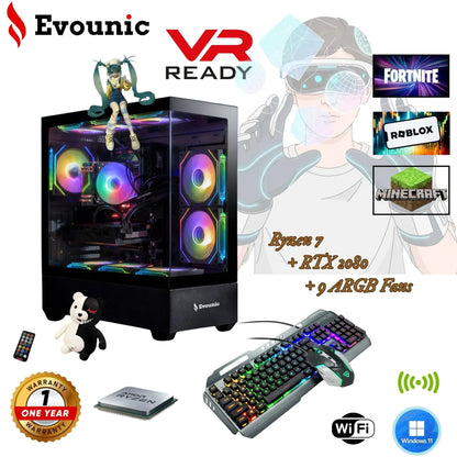 RGB gaming PC with Ryzen 7, RTX 2080, ARGB fans, VR ready, keyboard, mouse, and Windows 11