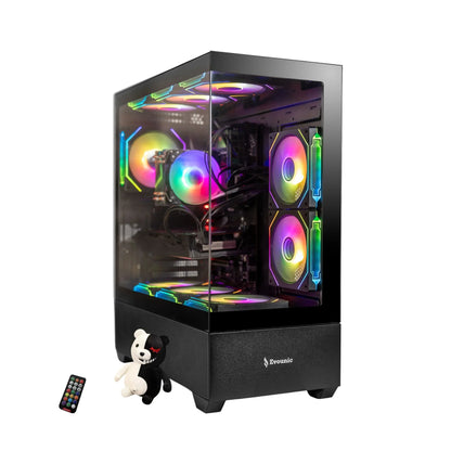 RGB gaming desktop PC with glass side panel, visible cooling fans, remote, and plush toy