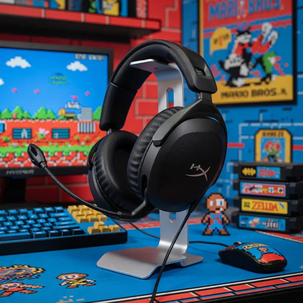 Gaming headset on stand with 8-bit themed keyboard, mouse, and retro video game decor
