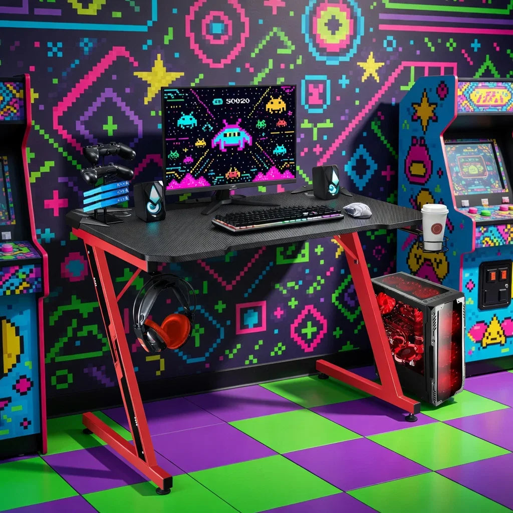 Retro gaming setup with RGB PC, gaming desk, arcade machines, and pixel art decor