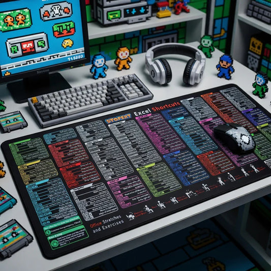 Retro gaming desk setup with pixel art décor, mechanical keyboard, gaming mouse, and Excel shortcuts desk mat.
