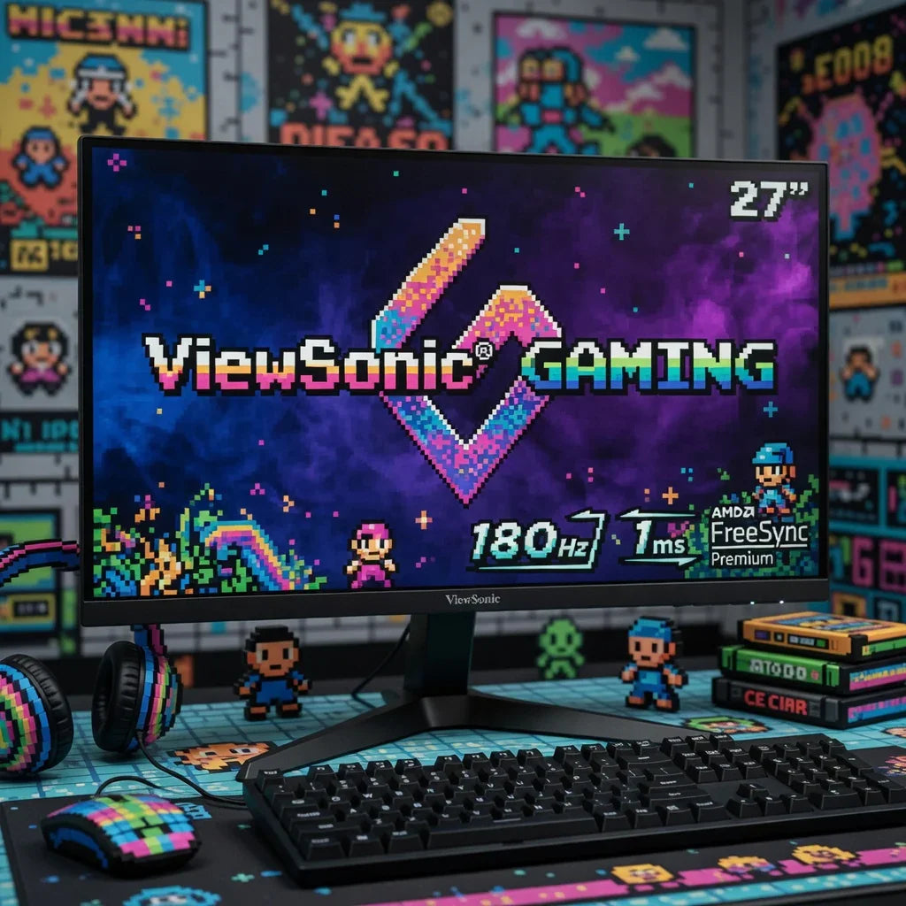 ViewSonic 27-inch gaming monitor on a desk with retro 8-bit themed keyboard, mouse, and headphones