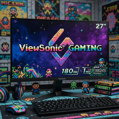 ViewSonic 27-inch gaming monitor on a desk with retro 8-bit themed keyboard, mouse, and headphones