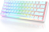 White 61-key mechanical gaming keyboard with RGB backlit keys and red lettering