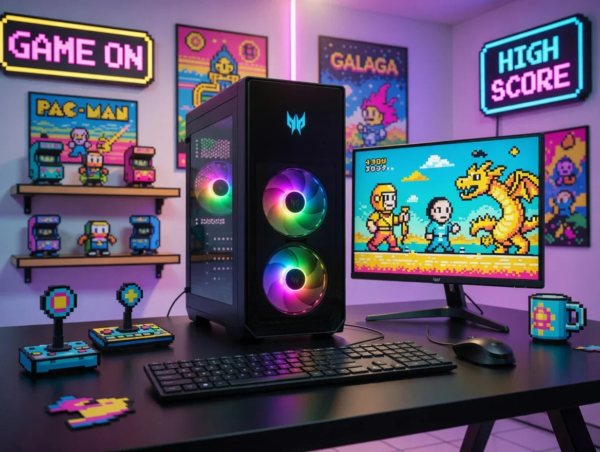 RGB gaming PC setup with retro 8-bit arcade decor, pixel art joystick, and pixel graphics monitor