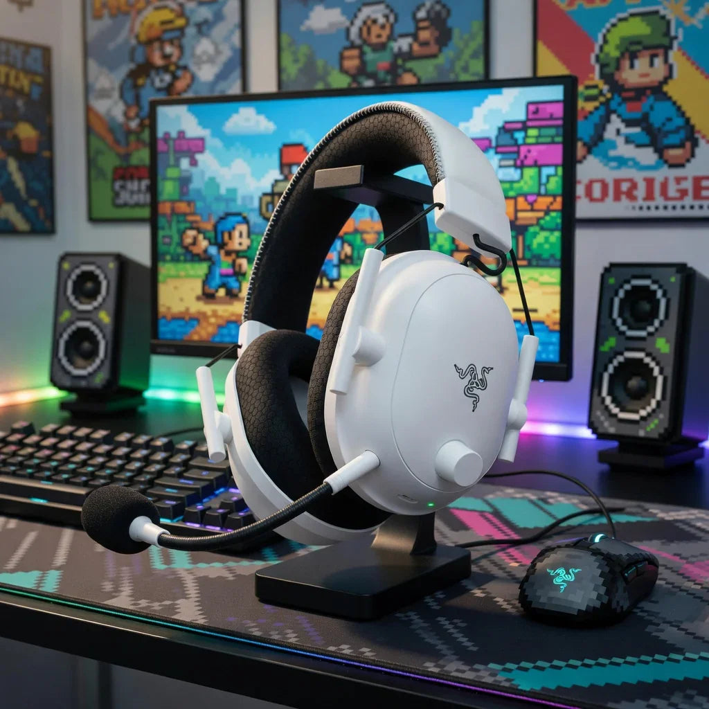 White gaming headset and pixelated mouse on a RGB-lit desk with retro gaming decor