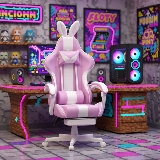 Pink and white bunny ear gaming chair in retro 8-bit themed gaming setup with RGB PC and decor