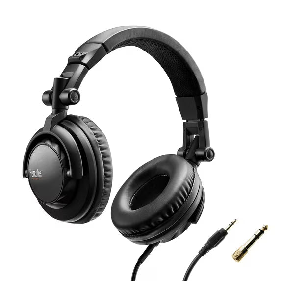 Black over-ear DJ headphones with cushioned ear pads, detachable cable, and audio adapter