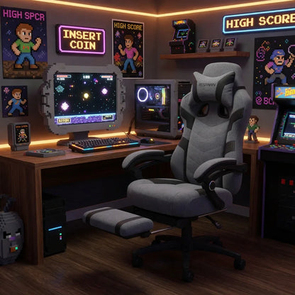 Gray gaming chair with footrest in retro 8-bit gaming setup, neon signs, arcade decor, RGB keyboard