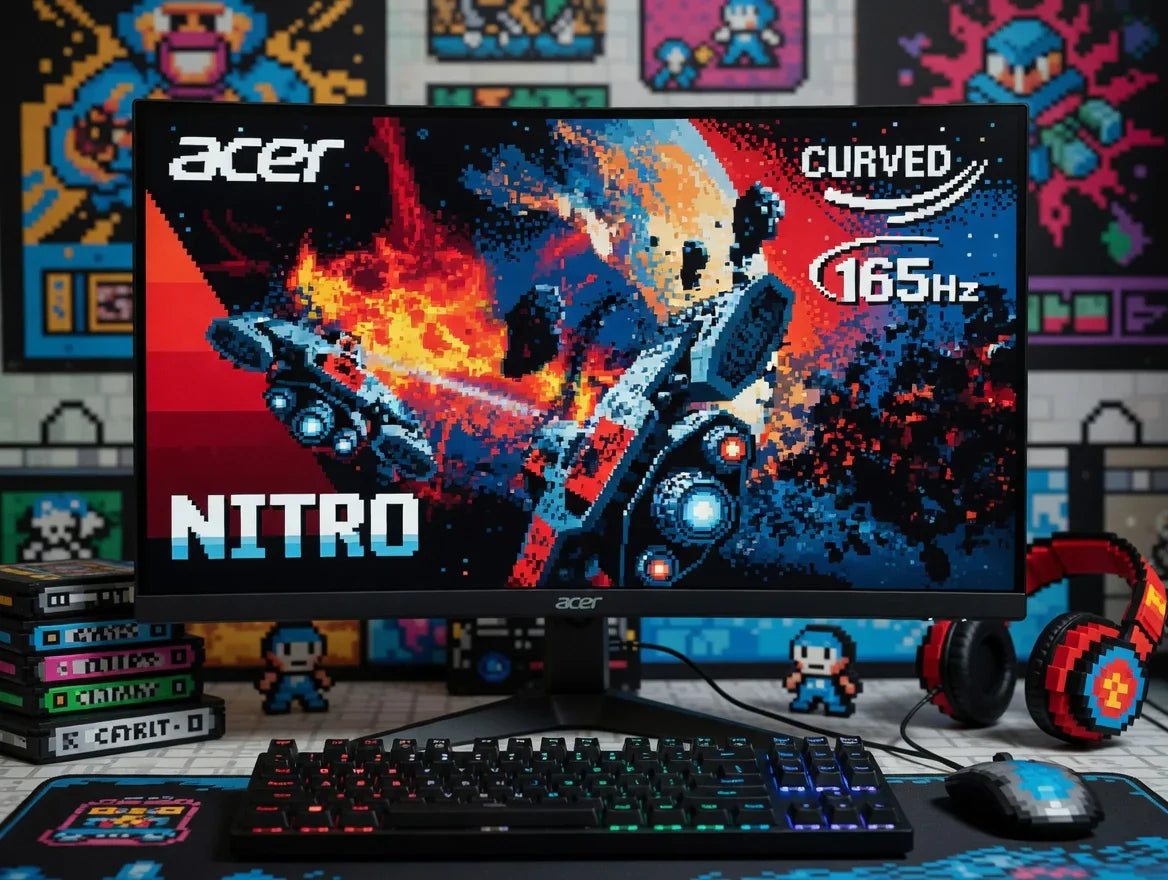 Acer curved gaming monitor with 8-bit pixel art, RGB keyboard, mouse, and retro gaming decor