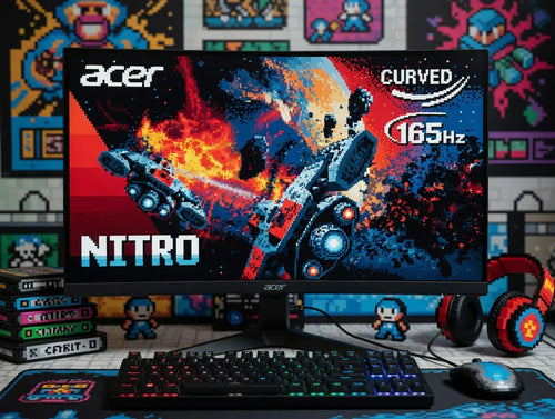 Acer curved gaming monitor with 8-bit pixel art, RGB keyboard, mouse, and retro gaming decor