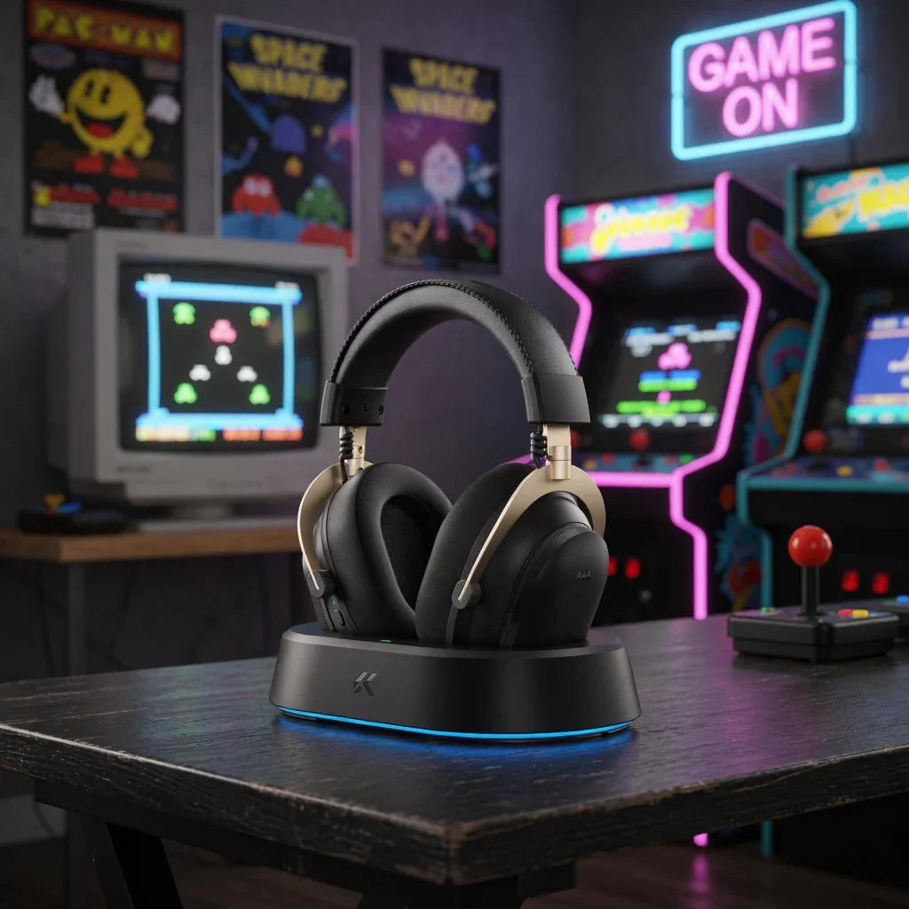 Gaming headset on charging dock with retro arcade setup and neon 'GAME ON' sign