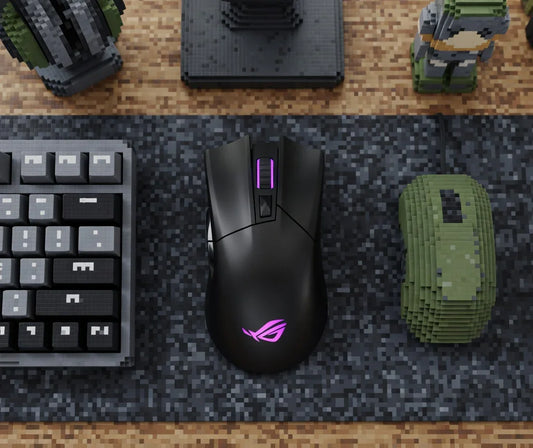 Black gaming mouse with purple LED, pixel art keyboard and desk, 8-bit style setup