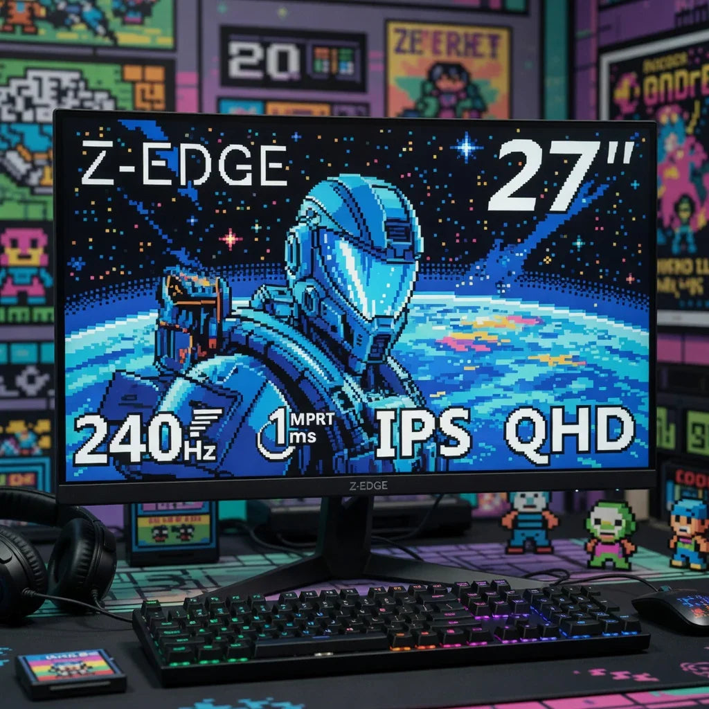 27-inch Z-Edge gaming monitor displaying pixel art astronaut, RGB keyboard, retro gaming setup