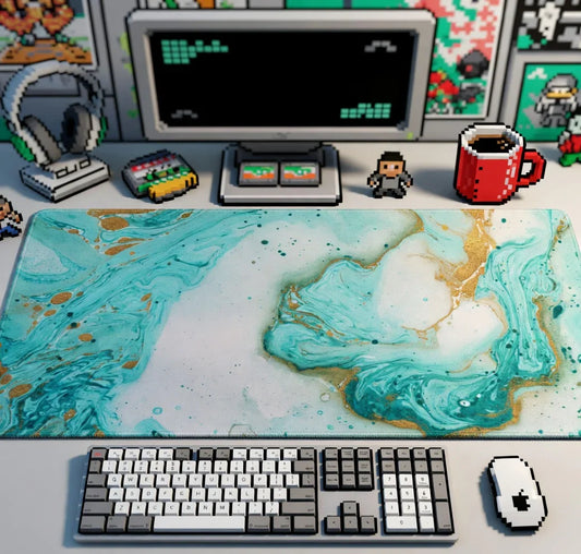Retro gaming desk setup with teal marble desk mat, mechanical keyboard, mouse, and pixel art decor