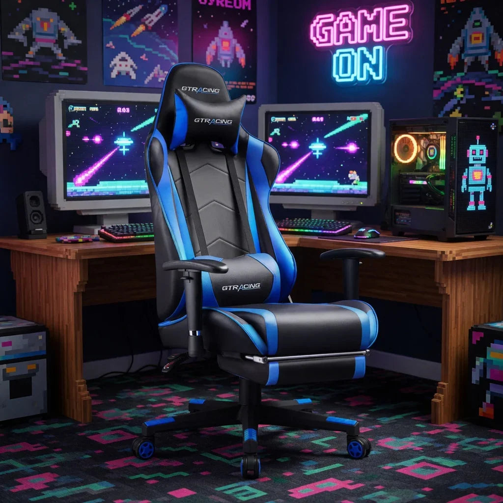 Blue and black GTRACING gaming chair in retro 8-bit setup with dual monitors, neon 'GAME ON' sign, and pixel art decor