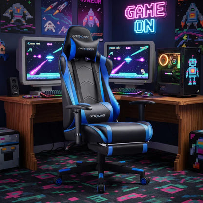 Blue and black GTRACING gaming chair in retro 8-bit setup with dual monitors, neon 'GAME ON' sign, and pixel art decor
