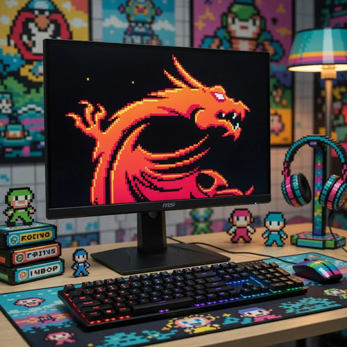 Retro gaming desk setup with 8-bit art, RGB keyboard, pixel dragon monitor, and colorful headset