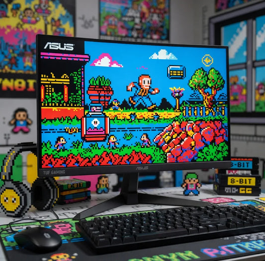 Retro gaming setup with 8-bit style ASUS monitor, keyboard, mouse, and pixel art decor