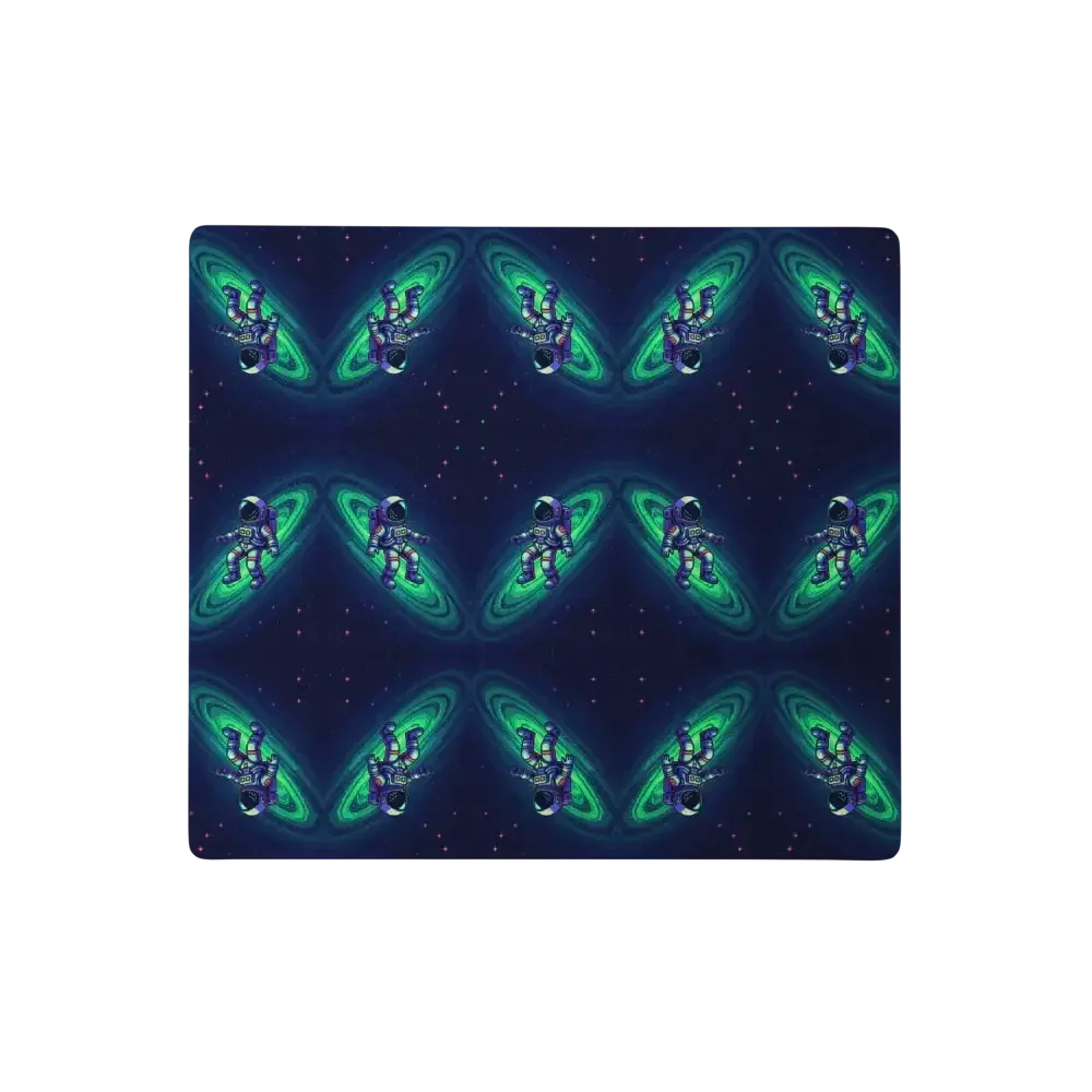 Patterned fabric with repeating astronauts and green galaxy swirls on a dark starry background