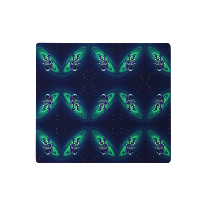 Patterned fabric with repeating astronauts and green galaxy swirls on a dark starry background