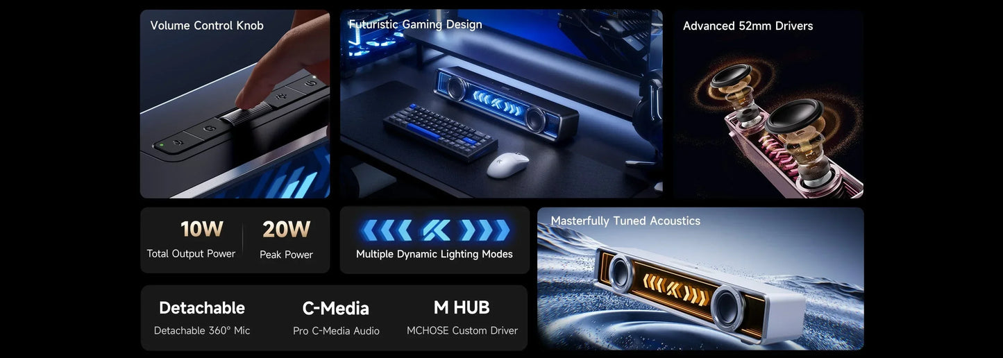Gaming soundbar with RGB lighting, 52mm drivers, and detachable mic for immersive audio setup