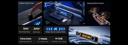Gaming soundbar with RGB lighting, 52mm drivers, and detachable mic for immersive audio setup
