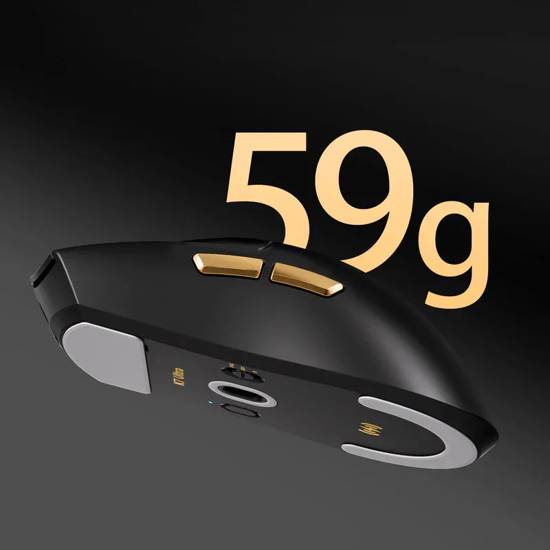 Ultra-light 59g gaming mouse with gold accents, wireless charging, and ergonomic design for PC gamers