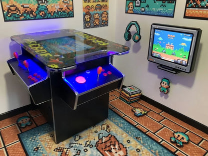 Retro 8-bit themed gaming room with arcade machine, pixel art, TV, and colorful decor