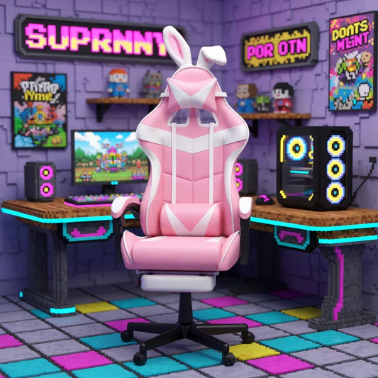 Pink bunny-ear gaming chair in a retro 8-bit themed gaming room setup with RGB PC and decor