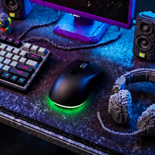 Retro gaming setup with RGB keyboard, mouse, pixel art monitor, and pixel headphones