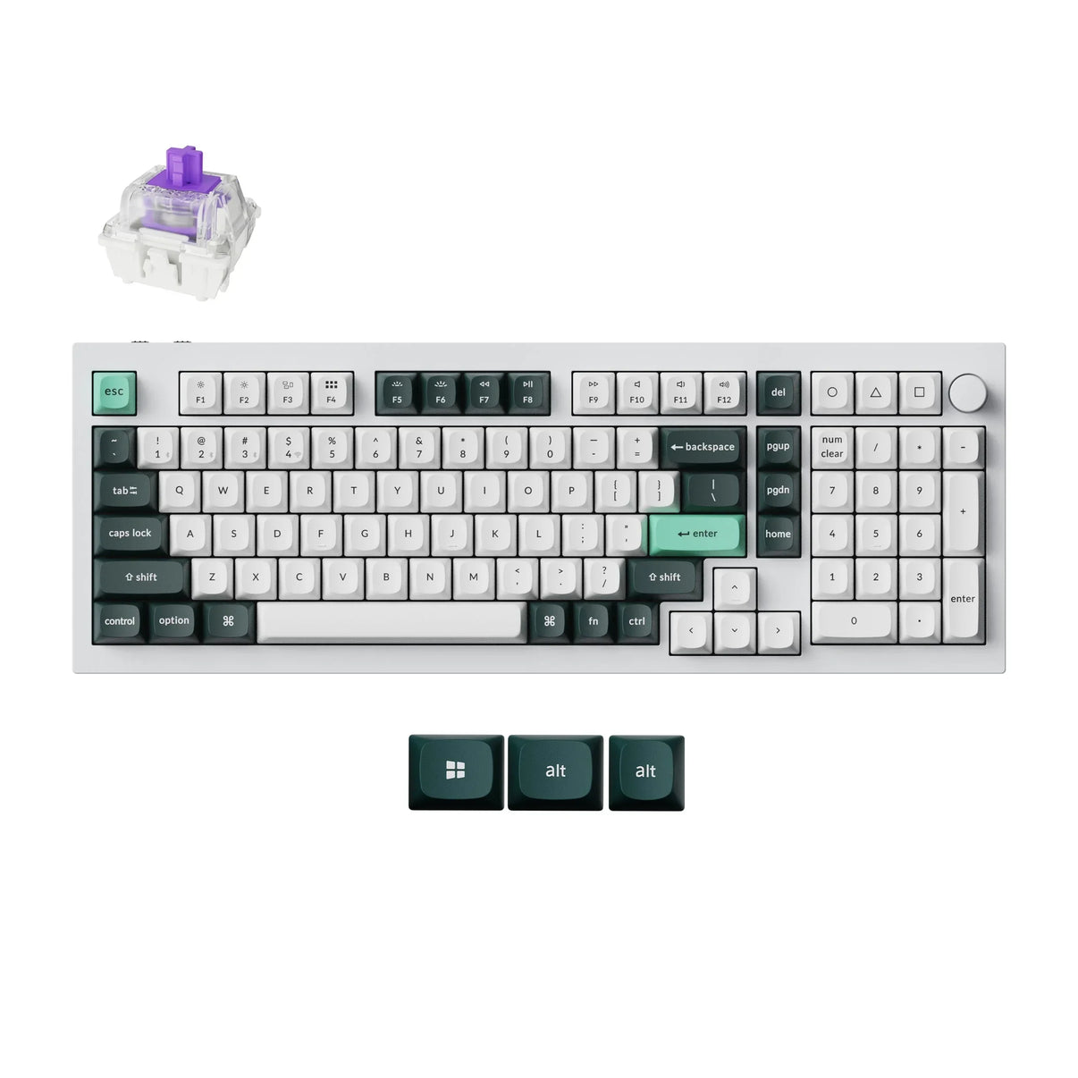 Keychron Q5 gaming keyboard with green, white, and dark keycaps, magnetic switch, extra keys
