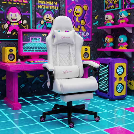 White gaming chair with pink accents in retro 8-bit themed gaming room setup