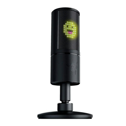 Black Razer desktop microphone with LED pixel smiley face on mesh grille