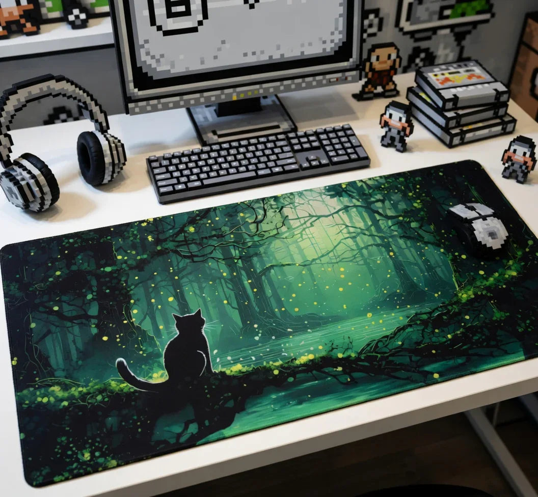 Retro gaming desk setup with 8-bit pixel art, large forest cat mouse pad, mechanical keyboard