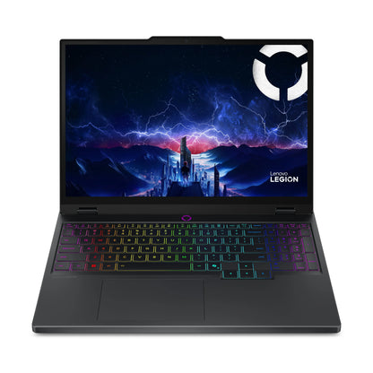 Gaming laptop with RGB backlit keyboard and futuristic cityscape on screen