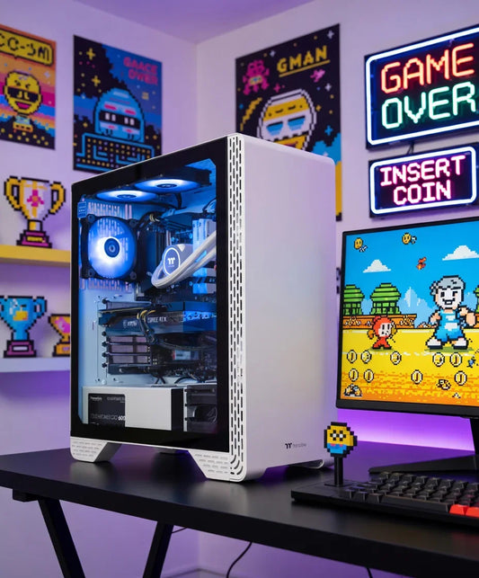 White gaming PC with RGB fans on desk, retro 8-bit gaming posters and neon signage