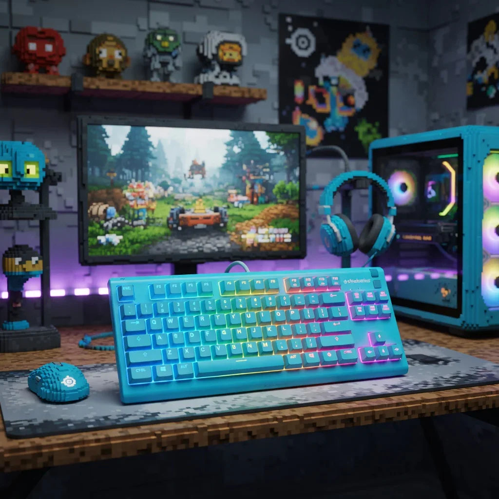 Retro 8-bit gaming setup with RGB keyboard, mouse, headphones, PC, and pixel art decor