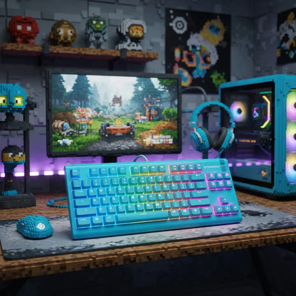 Retro 8-bit gaming setup with RGB keyboard, mouse, headphones, PC, and pixel art decor