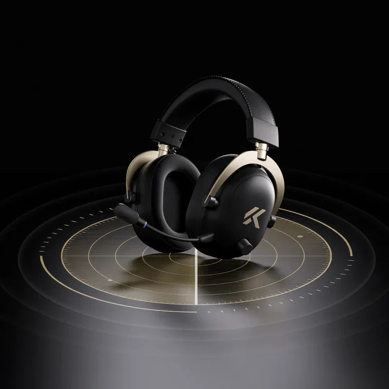 Black gaming headset with gold accents on a futuristic circular platform