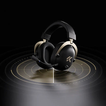 Black gaming headset with gold accents on a futuristic circular platform