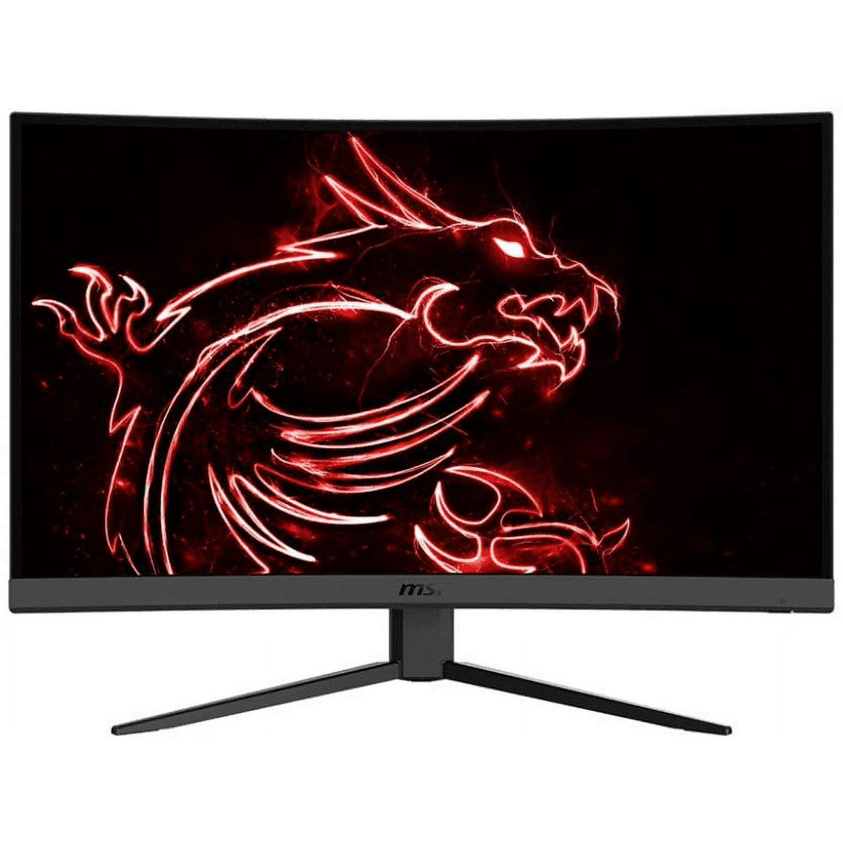 MSI 31.5-inch curved gaming monitor with red dragon graphic on screen and black stand