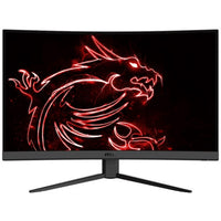 MSI 31.5-inch curved gaming monitor with red dragon graphic on screen and black stand