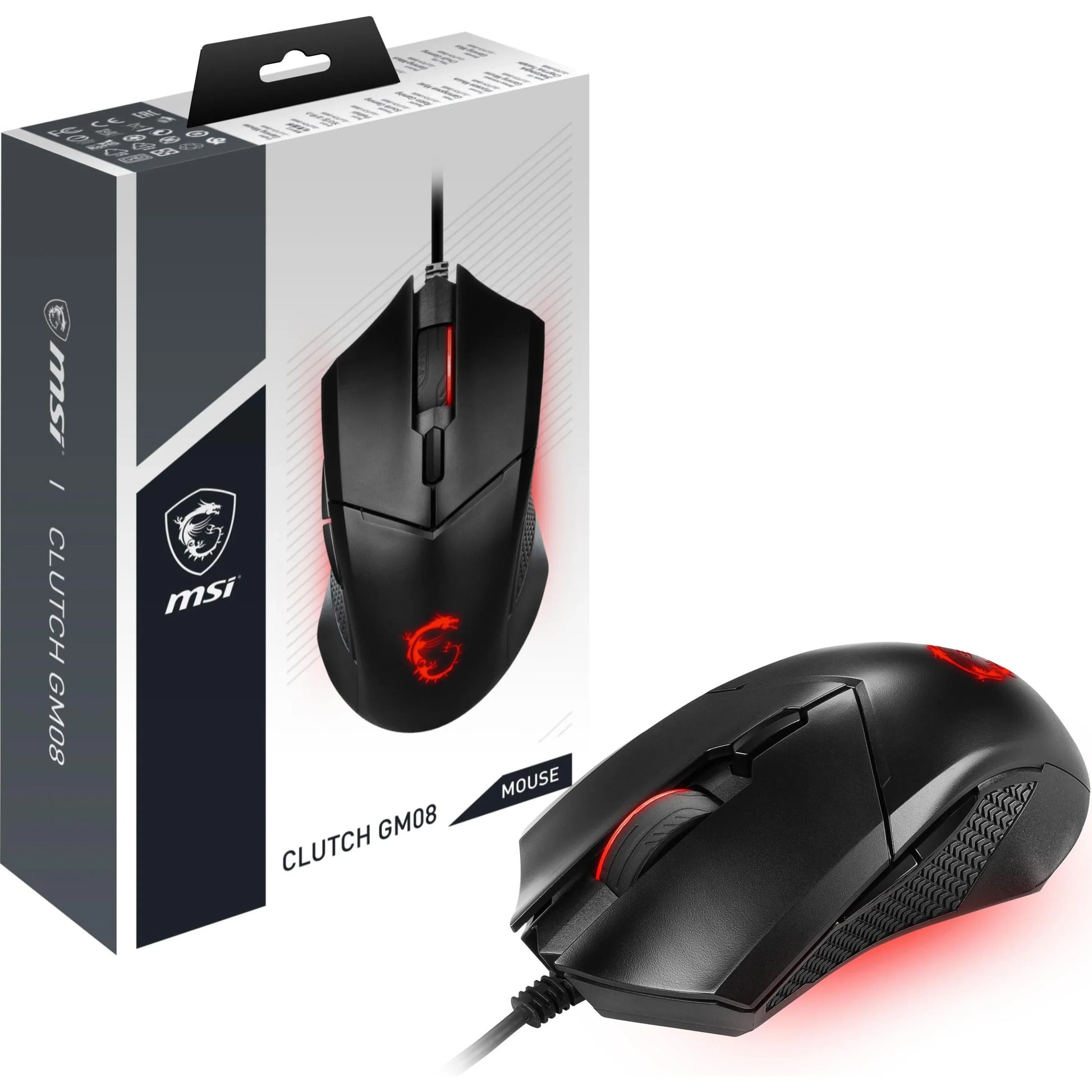 MSI Clutch GM08 wired gaming mouse with red LED lighting and ergonomic design next to retail packaging