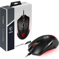 MSI Clutch GM08 wired gaming mouse with red LED lighting and ergonomic design next to retail packaging