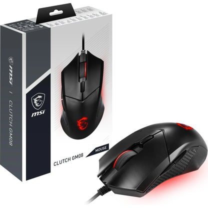 MSI Clutch GM08 wired gaming mouse with red LED lighting and ergonomic design next to retail packaging